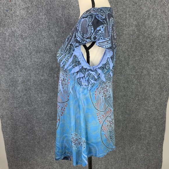 One World Paisley Top Women M Thin Jersey Ruffle Cap Sleeve Peplum - Picture 5 of 9